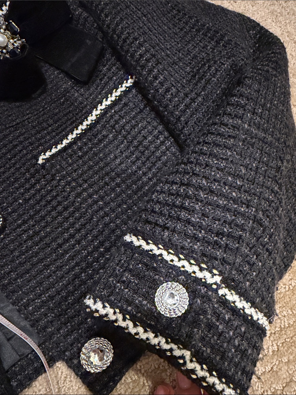 Avec Les Filles Black White Tweed Cropped Jacket Blazer S - Picture 13 of 14